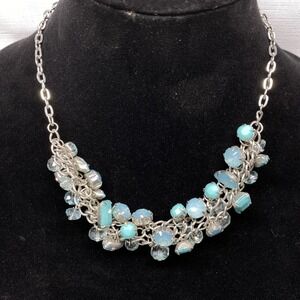 Silver Tone Turquoise Blue Chunky‎ Beaded Statement Necklace Adjustable Extender